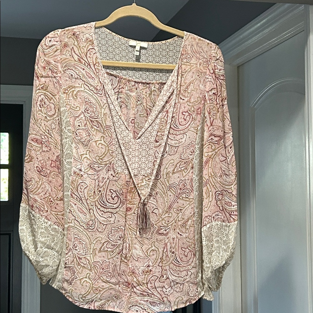 Joie Geometric Pattern Blouse In Red And Cream 10… - image 1